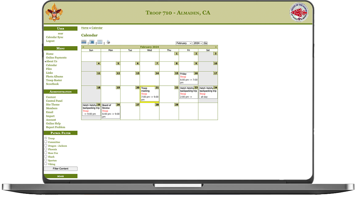 Laptop displaying a SOAR calendar